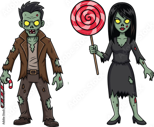 A collection of cartoon zombie characters featuring undead couples with candy, tattered clothing, and spooky green skin isolated on a clean white background.