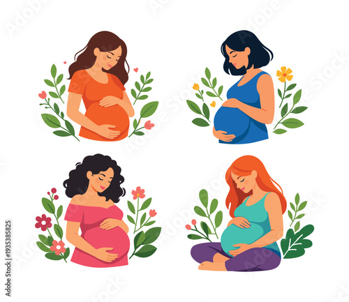 Diverse pregnant women cradling their baby bumps, experiencing the joy of motherhood and new life, surrounded by nature elements