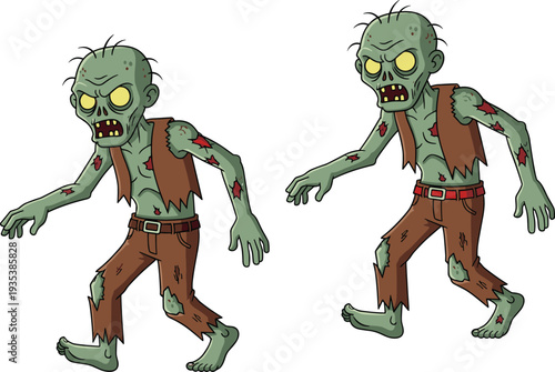 Funny cartoon green zombie characters in business suit and tattered clothes walking up stairs and standing isolated on white background for Halloween vector.