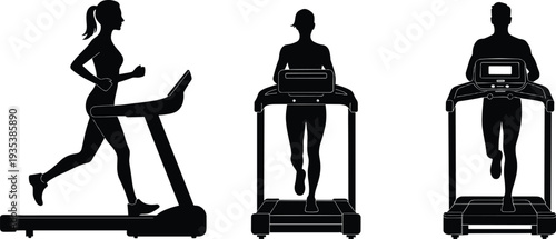 Black and white silhouette illustration of three people running on treadmills in gym setting, representing indoor fitness, cardio exercise, health, and active lifestyle concept