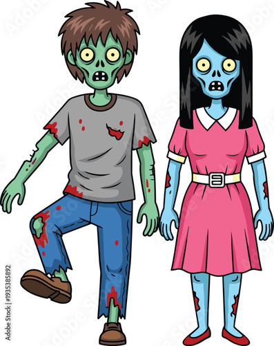 A cartoon zombie couple vector illustration featuring a walking undead boy and girl with green skin, tattered clothes, and scary faces isolated.