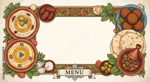 Middle Eastern Cuisine Menu Border with Hummus, Falafel, Olives, and Flatbread Decorations