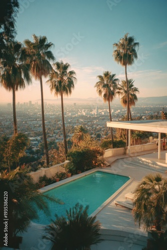 The breathtaking vista from a hillside residence in Los Angeles showcases a stunning swimming pool with the city skyline illuminated during a beautiful sunset