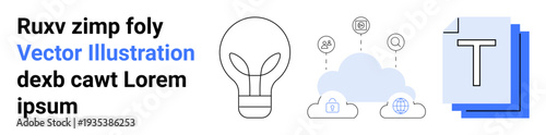 Cloud computing, innovation, ideas, creativity, design, education. Light bulb, cloud and text icons. Cloud computing and innovation concept for technology and ideas-related visuals