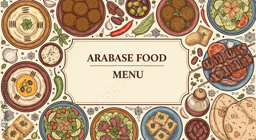 Vibrant Assortment of Traditional Middle Eastern and Arabic Dishes, Presented as a Hand-Drawn Culinary Menu or Recipe Border Design