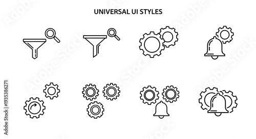 Set of universal UI styles: filter with search, gears, and notification bell icons in various configurations