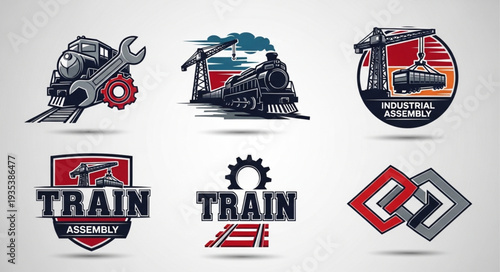 Industrial logos and emblems featuring trains and machinery.