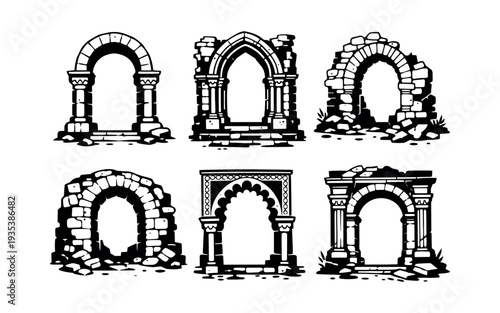 Set of medieval stone archways featuring ruins, ancient gates, and historical architectural elements for game assets or fantasy concepts