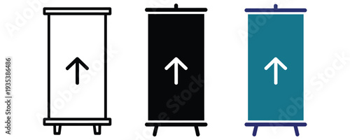 Modern roll up banners in white, black, and blue with upward arrows