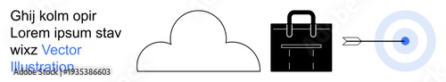 Cloud computing, business strategy, goal setting, data storage, precision targeting, innovation. A cloud, briefcase and arrow hitting a target. Cloud computing and business strategy concept