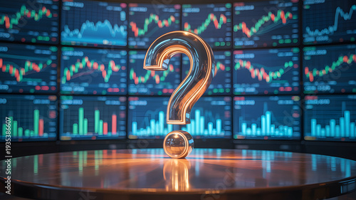 A large question mark sits on a table in front of stock market screens