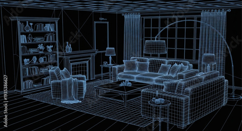 Digital rendering of a modern living room interior design.