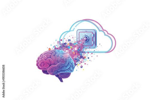 Human Brain with Artificial Intelligence in Cloud Computing with Vibrant Colors and Digital Particles in Futuristic Neon Lighting for Technology Advertising