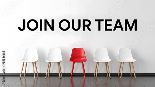 A red chair stands out among white chairs in a modern office setting