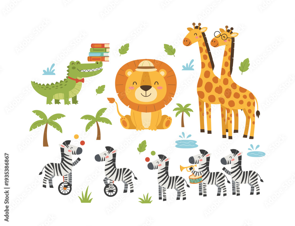 Fototapeta premium Adorable safari animals collection for children’s designs. Friendly lion, playful zebras, two giraffes, and a clever alligator with books