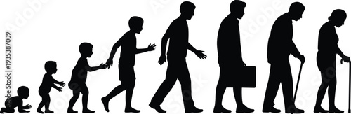 Human life cycle silhouettes from baby crawling to elderly walking with cane isolated on white background representing aging process and life stages