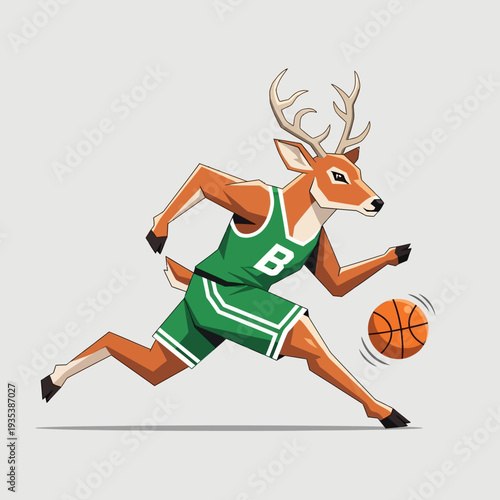 Deer playing basketball in a green jersey, dribbling a ball, cartoon style