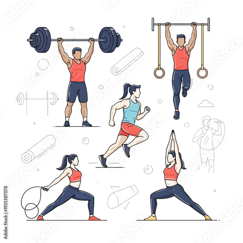 Diverse people exercising: weightlifting, running, pull-ups, jump rope, yoga, fitness