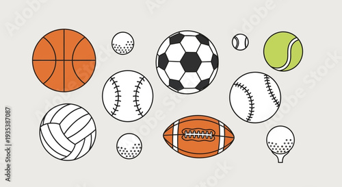 Diverse Sports Balls Collection: Basketball, Soccer, Tennis, Baseball, Football, Volleyball, Golf