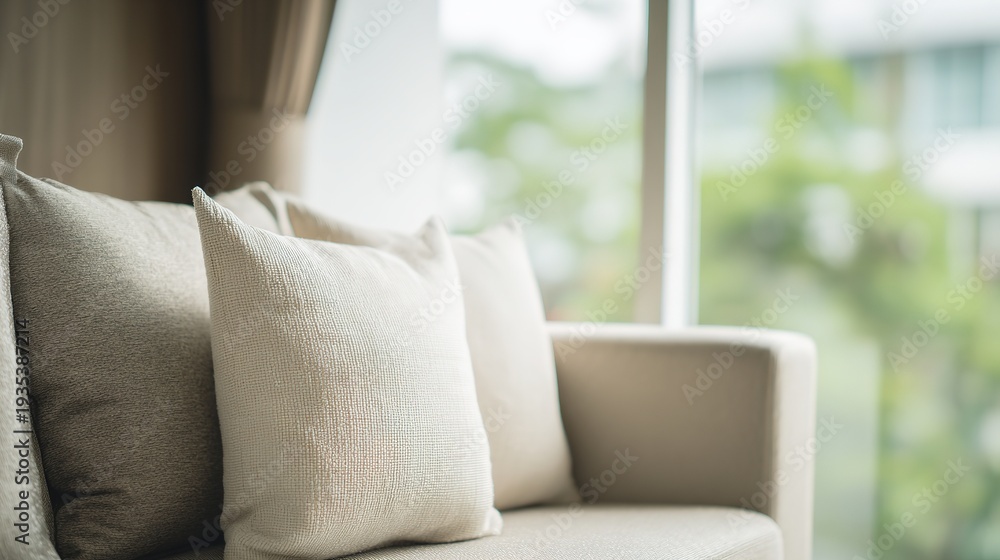 Fototapeta premium A contemporary sofa in neutral tones, showcasing elegant and cozy living space aesthetics.