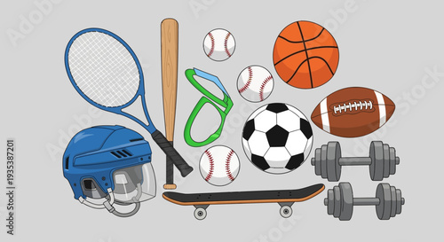 Diverse Sports Equipment Collection: Balls, Racquet, Helmet, Skateboard, Dumbbells, Bat