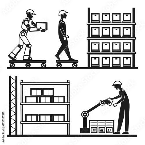Warehouse workers and robots handling packages
