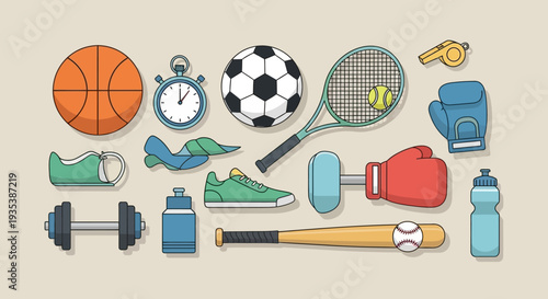 Diverse Sports Equipment Collection: Balls, Racquets, Weights, and More