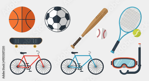 Diverse Sports Equipment Collection: Basketball, Soccer, Baseball, Tennis, Cycling, Skating, Diving