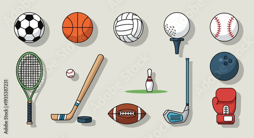 Diverse Sports Equipment Collection: Balls, Racquets, Sticks, and More