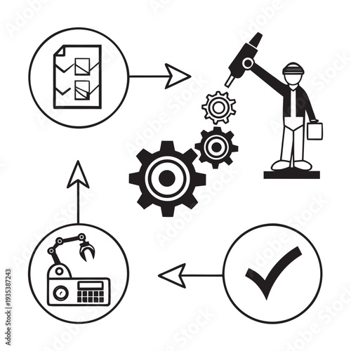 A man with a drill works on a gear next to a checklist