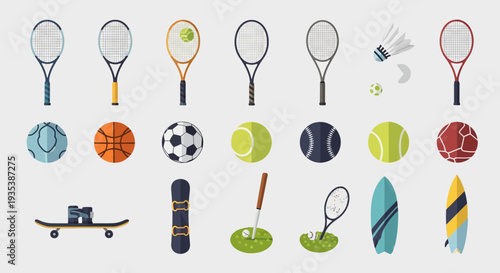 Diverse Sports Equipment Collection: Rackets, Balls, Skateboard, Snowboard, Surfboard, Golf
