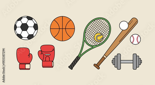 Diverse Sports Equipment Collection: Soccer, Basketball, Tennis, Boxing, Baseball, Dumbbell
