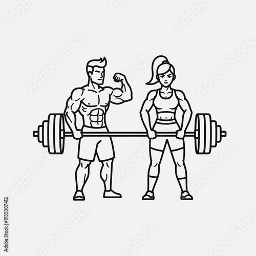 Fit Couple Lifting Weights Together, Muscular Man Flexing Bicep, Woman Holding Barbell