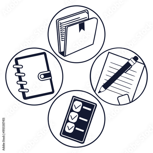 Four different office supply icons in circles