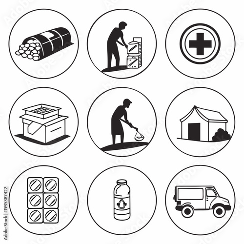 A collection of icons related to disaster relief and humanitarian aid