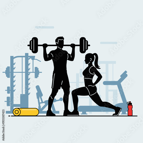 Fit couple training together in gym, man lifting barbell, woman doing lunges, fitness concept