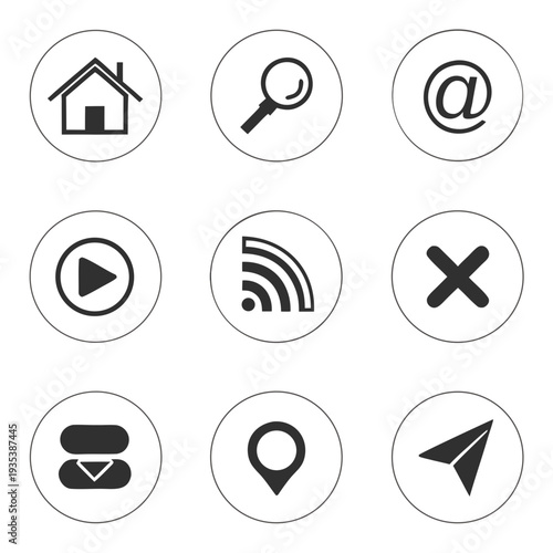 A collection of nine black and white icons on a white background