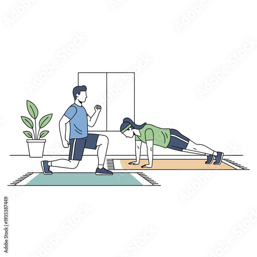 Couple doing home workout: man lunging, woman planking. Fitness, exercise, healthy lifestyle.