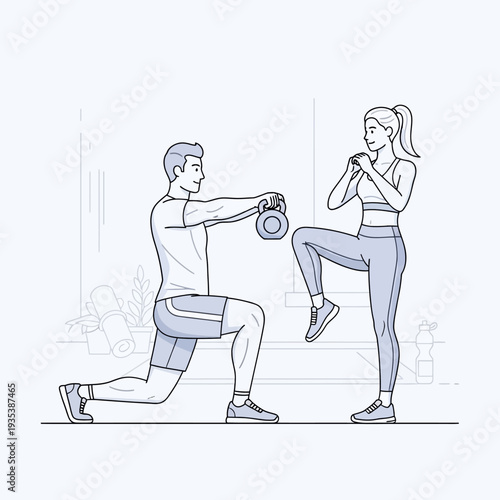 Couple exercising together, man doing kettlebell lunge, woman doing knee raise