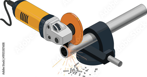 Angle grinder cutting metal pipe isometric vector illustration, industrial power tool grinding steel tube with sparks engineering work