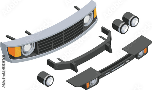 Car front bumper parts isometric vector illustration, automotive headlights grille components set, vehicle repair spare parts engineering design