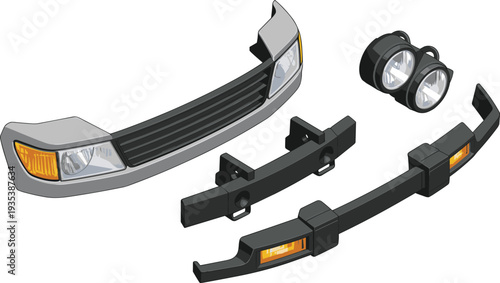 Car front bumper parts isometric vector illustration, automotive headlights grille components set, vehicle repair spare parts design