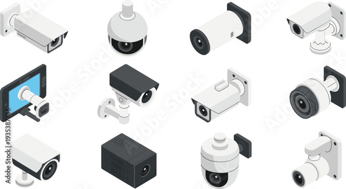 CCTV security camera isometric vector set, surveillance monitoring system collection, bullet and dome cameras, safety technology equipment illustration