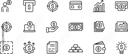 Finance and money management line icon set featuring ATM, credit card, investment growth, wallet and banking symbolsFinance and money management line icon set featuring ATM