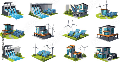 Renewable Energy Infrastructure Isometric Vector Set with Hydroelectric Dam, Solar Panels, Wind Turbines, and Eco Friendly Smart Power Generation Systems