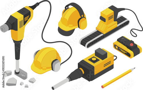 Construction equipment isometric vector set, jackhammer drill, safety helmet, ear protection, robotic crawler, industrial engineering tools illustration