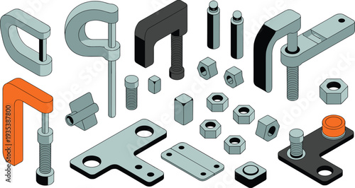 Mechanical fasteners isometric vector set, bolts nuts clamps brackets metal hardware components industrial engineering parts collection