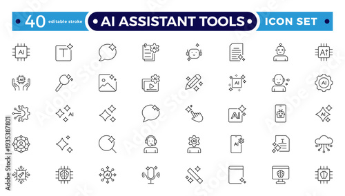 AI Assistant Tools outline icon. Tools arm robotic virtual fitting icon hem futuristic tailoring sensor vector ironing. Editable stroke outline icon.

