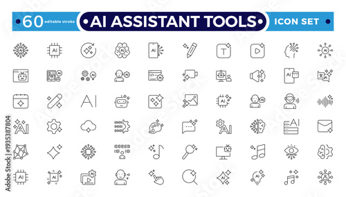 AI Assistant Tools outline icon. Tools arm robotic virtual fitting icon hem futuristic tailoring sensor vector ironing. Editable stroke outline icon.
