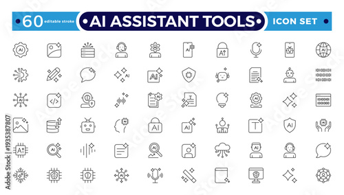 AI Assistant Tools outline icon. Tools arm robotic virtual fitting icon hem futuristic tailoring sensor vector ironing. Editable stroke outline icon.
